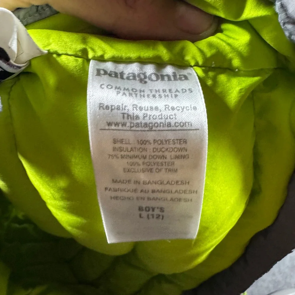 Patagonia Down Sweater Vest Boys L 12 Gray Lime Green 68221 Puffer Quilted Warm